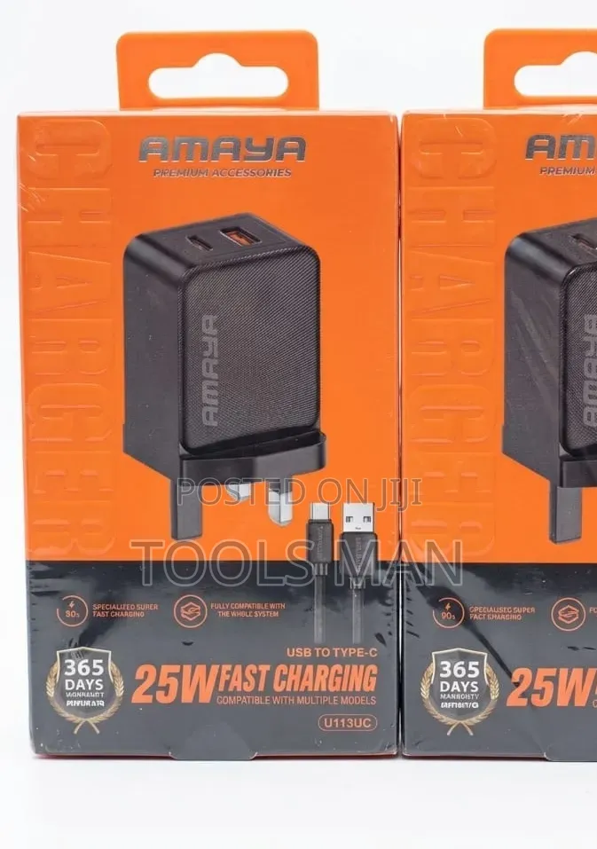 Amaya 25w Fast Charger With Type-C Cable - Dual Port Wall Adapter.