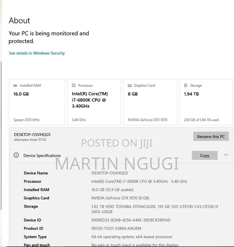 Desktop Computer Dell Alienware Area-51 16GB Intel Core i7 SSD 256GB