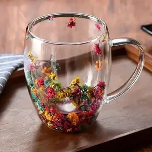 A Pair (2 PCS ) Floral Multicolored Double Wall Glass Coffee Mugs