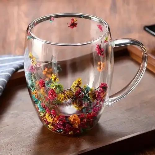 A Pair (2 PCS ) Floral Multicolored Double Wall Glass Coffee Mugs