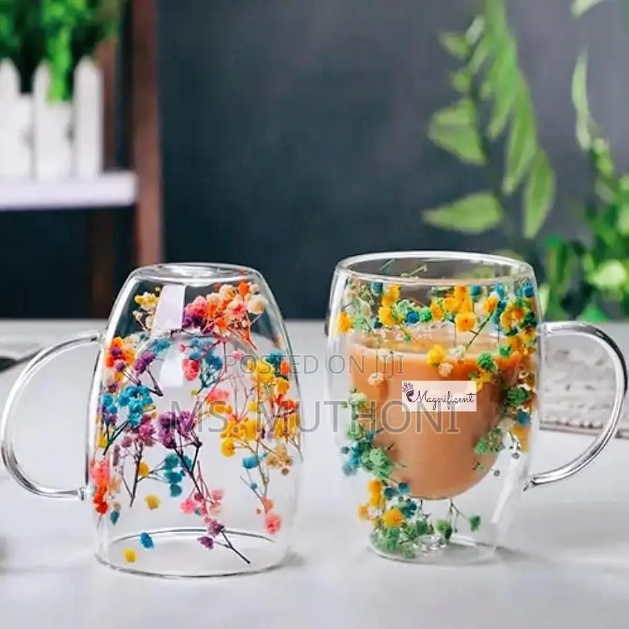 A Pair (2 PCS ) Floral Multicolored Double Wall Glass Coffee Mugs