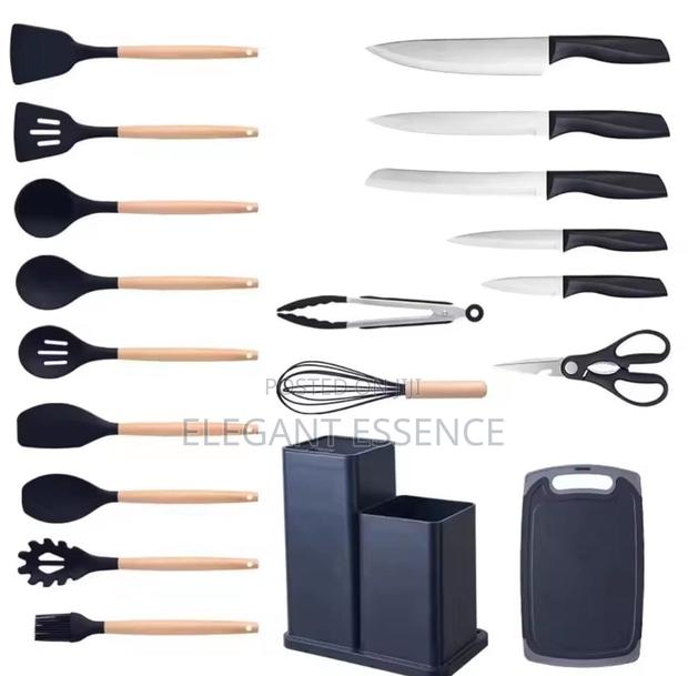 Silicone Wood Kitchen Utensil Set-Black - thumbnail 4