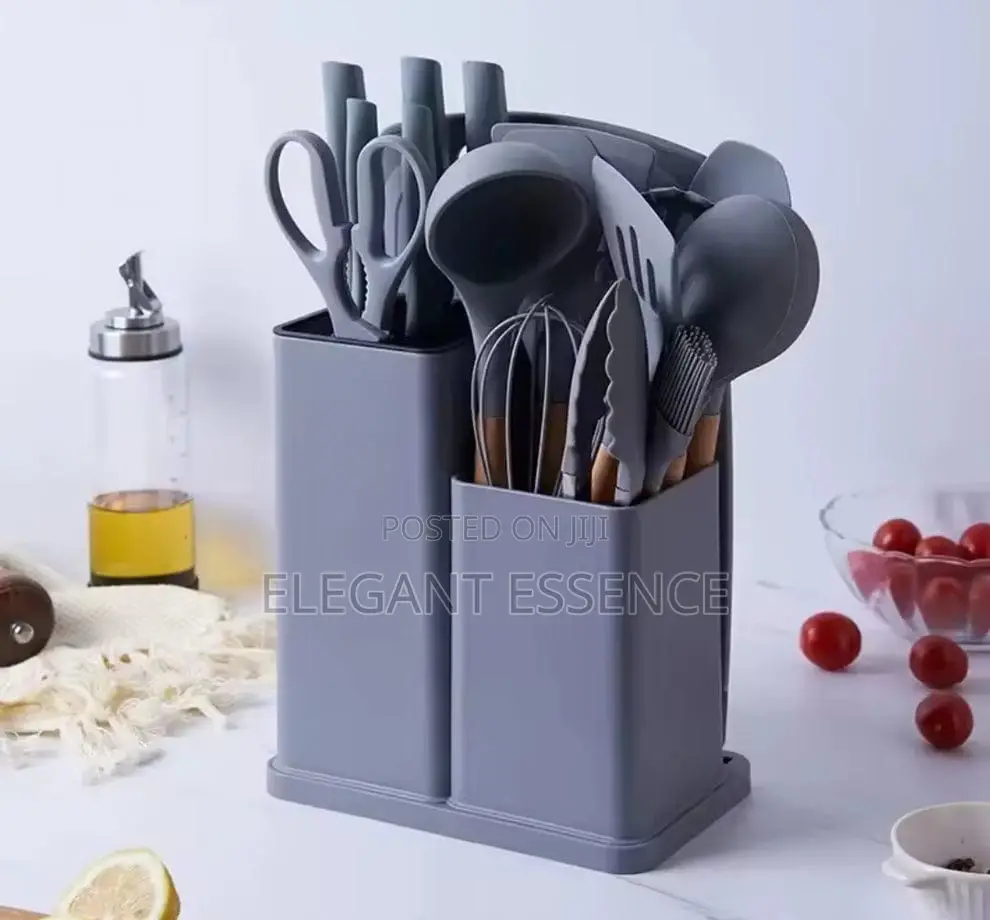 Silicone Wood Kitchen Utensil Set-Black