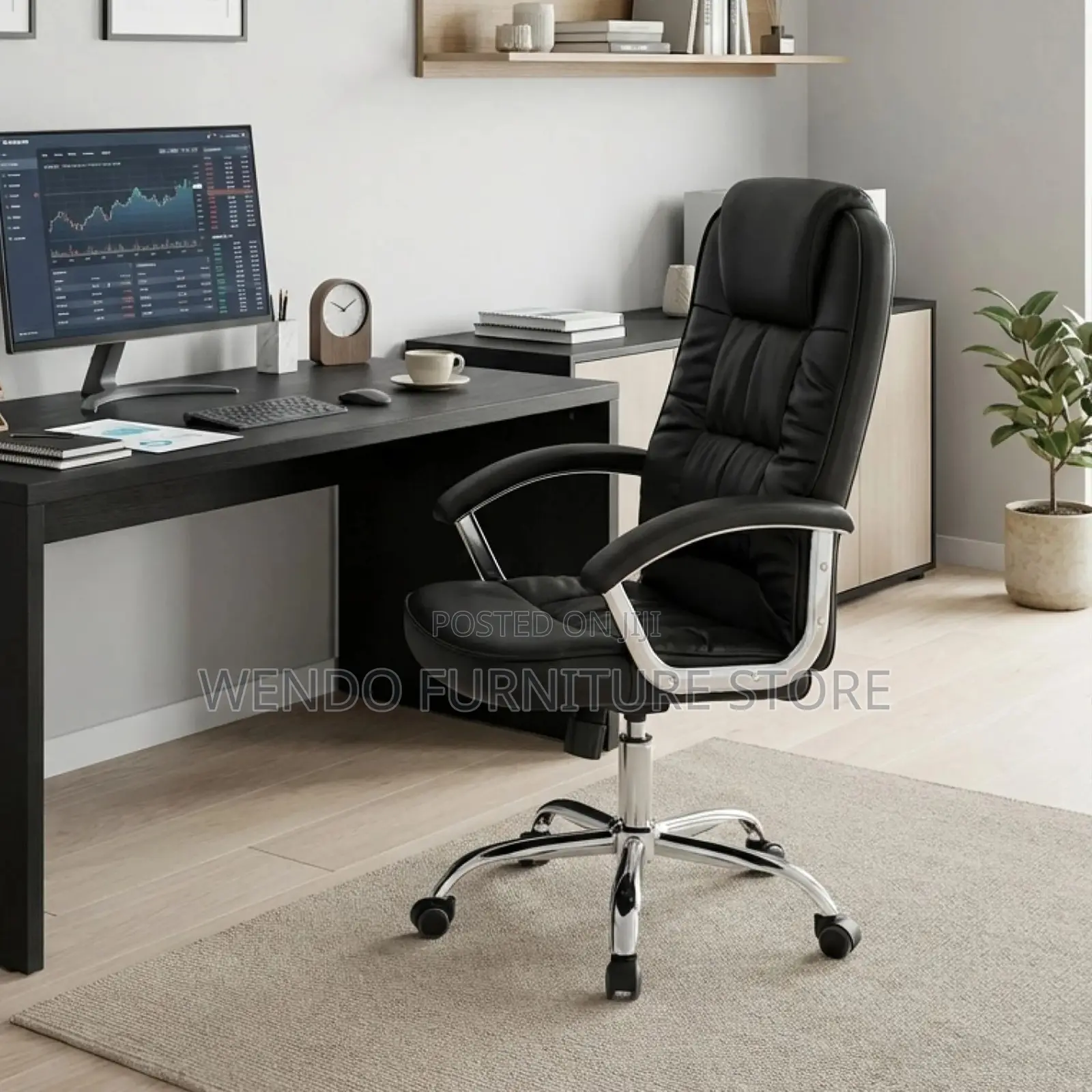 Office Chair : Black High-Back Leather Executive Office Chair