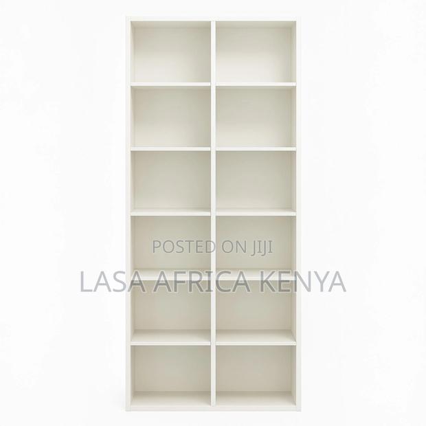 12-Cube Vertical Bookshelf - White Particle Board Storage Cabinet, 180
