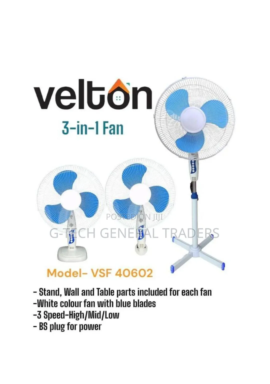Velton 3in1 Stand,Wall and Table 16inch Fan(1 Year Warranty)