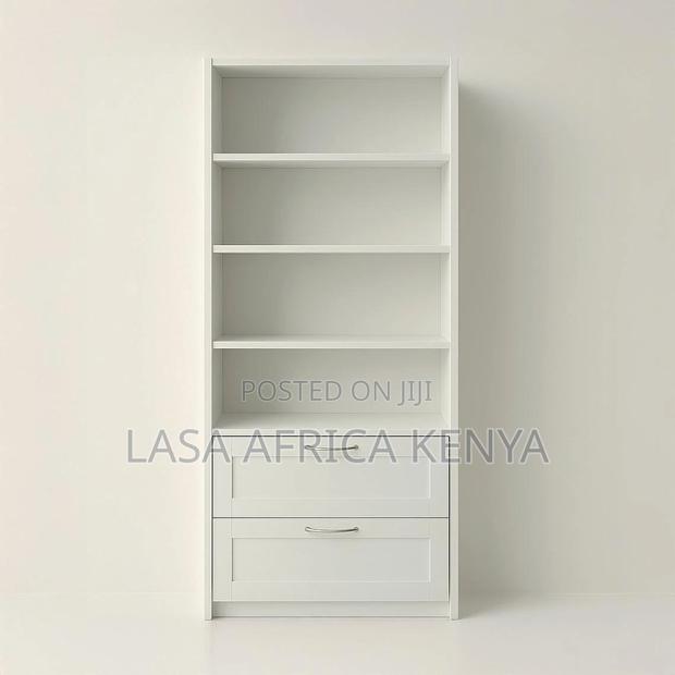 6-Tier White Wood Bookshelf With 2 Drawers - Home Office Storage Unit