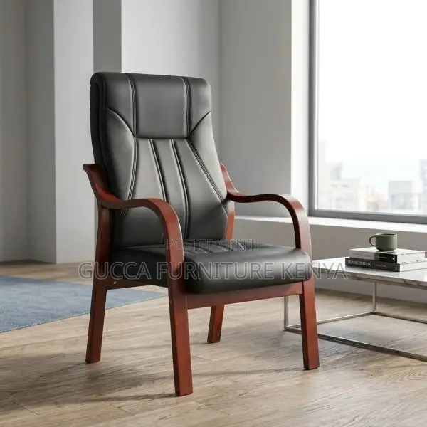 Pu Leather Guest Chair With Mahogany Arms