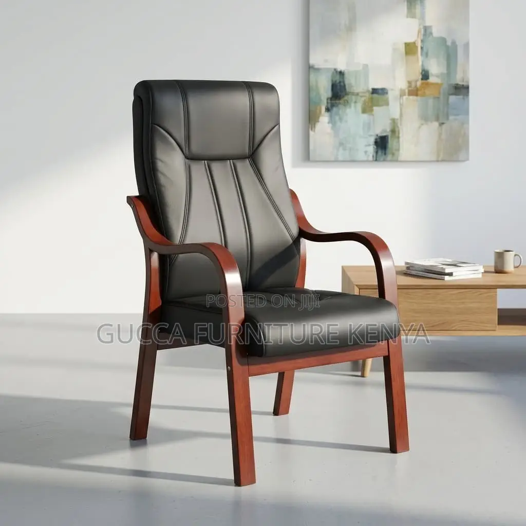 Pu Leather Guest Chair With Mahogany Arms