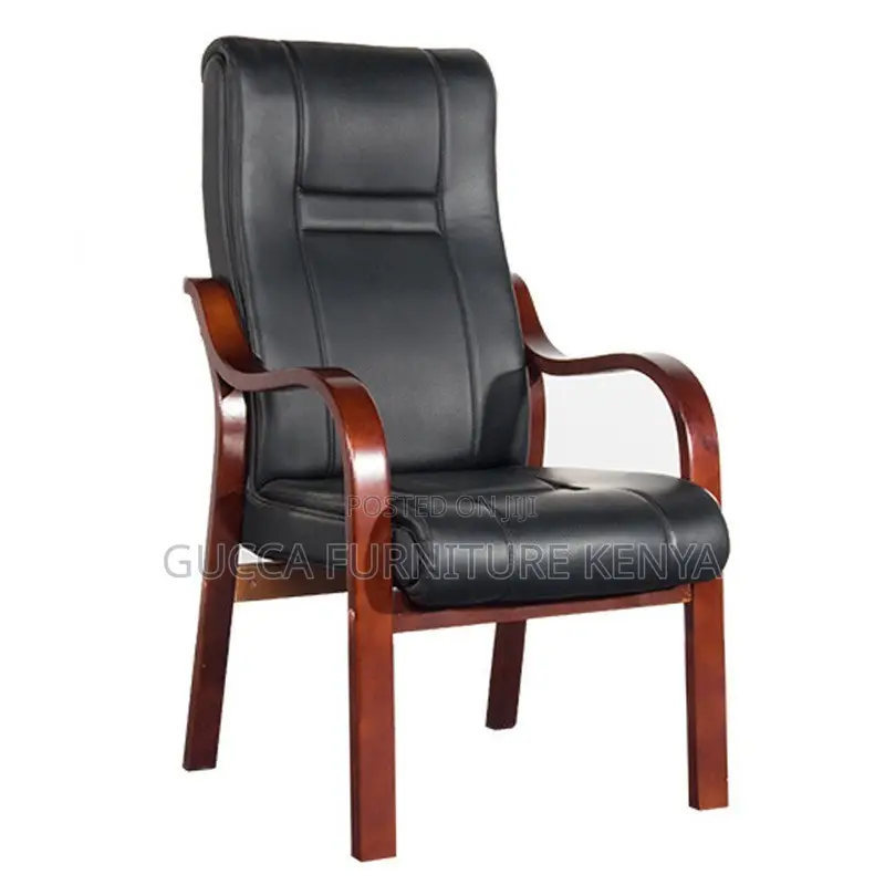 Pu Leather Guest Chair With Mahogany Arms