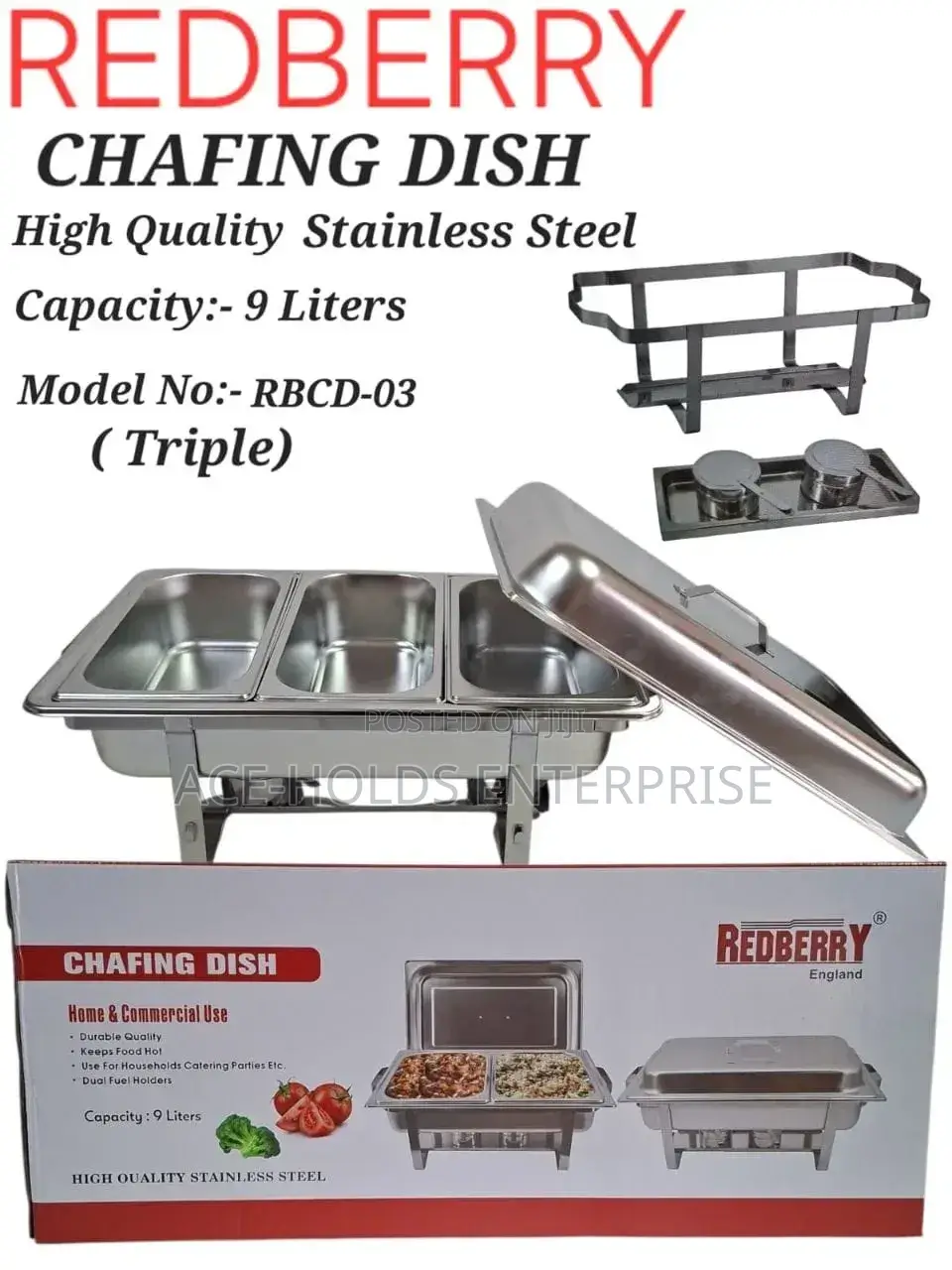 Tripple Redberry Stainless Chafing Dish
Capacity: 9 Litres