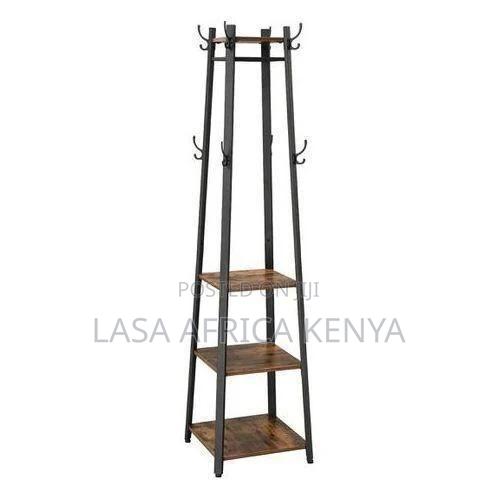 Brown Black Coat Rack With 3 Shelves - Stainless Steel, Space-Saving