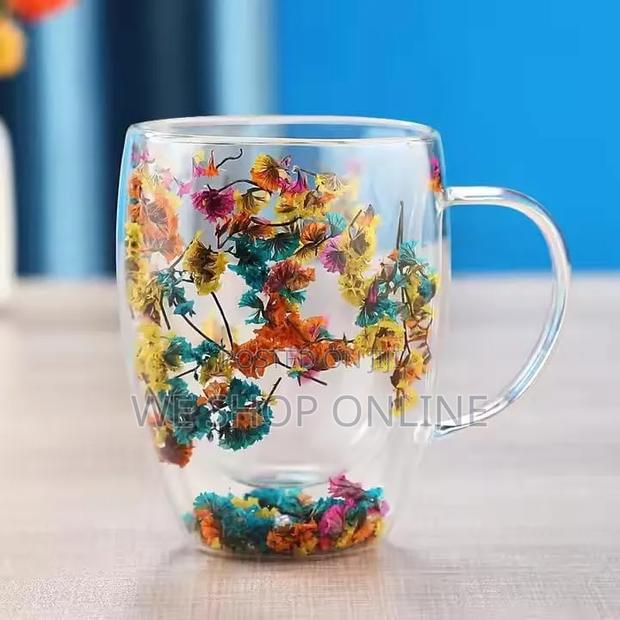 Double Wall Glass Coffee Mug With Colorful Floral Design 350ml - thumbnail 3