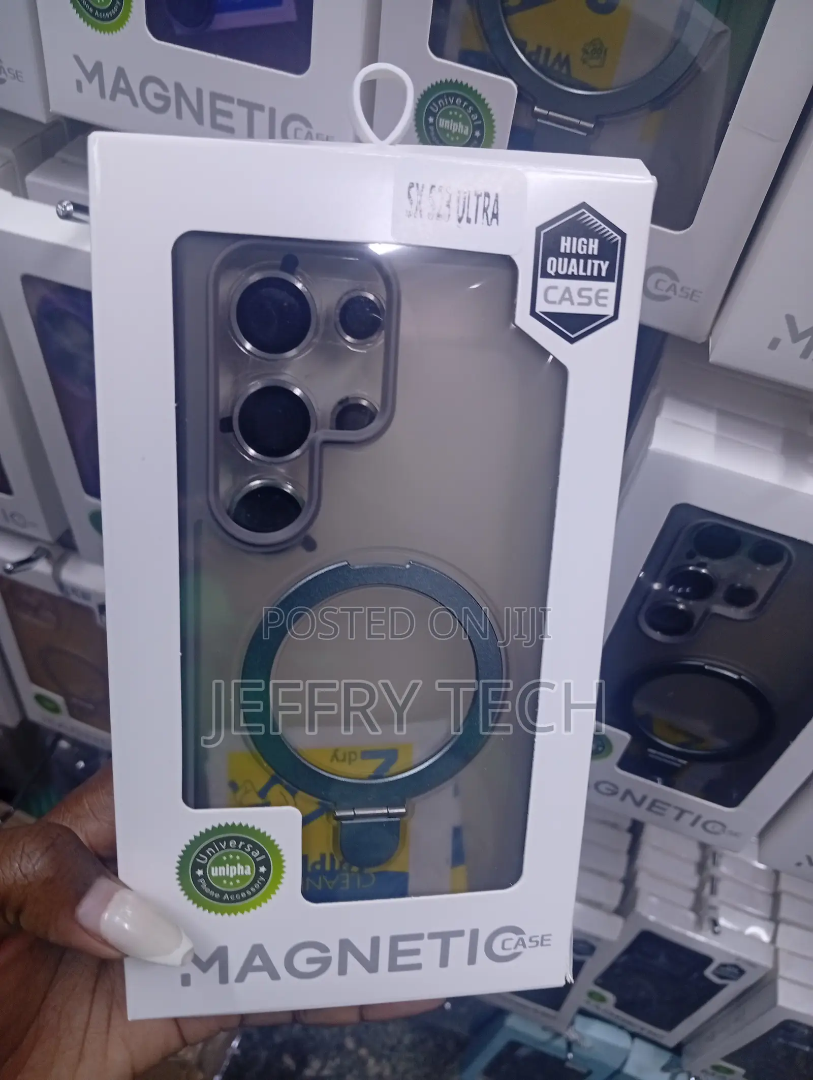 Samsung Galaxy S24 Clear Magnetic Phone Case With a Metal Stand Ring.