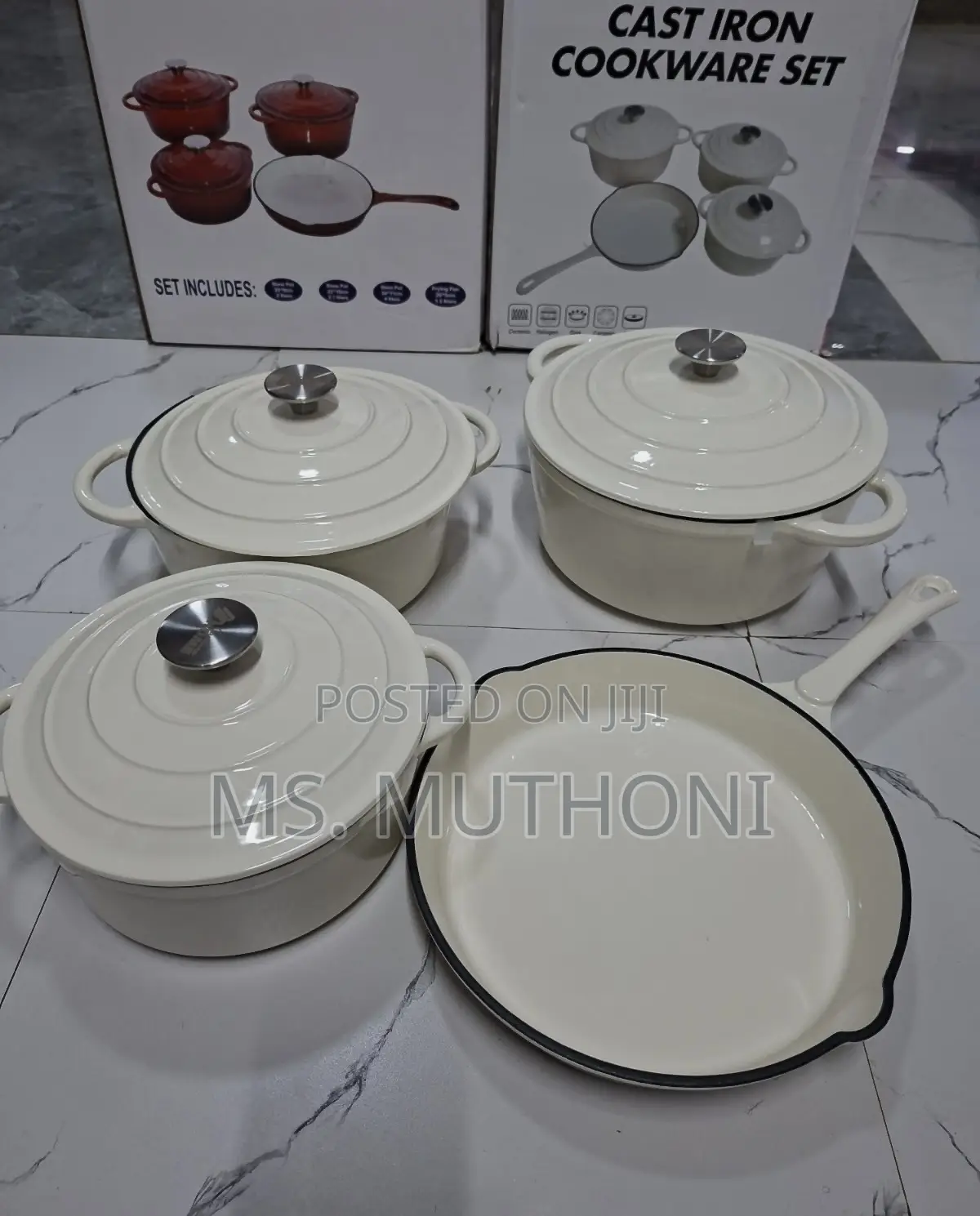 White / Silver Knobs 7pcs Cast Iron Cookware Set
