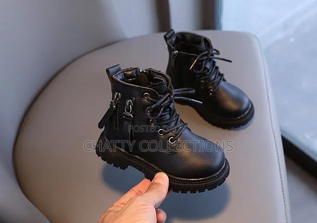 Black Unisex Kids Leather Boots Size 21 to 30 - thumbnail 2