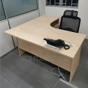 Office Desk : Light Wood Finish L-Shaped Office Desk Three Drawers -