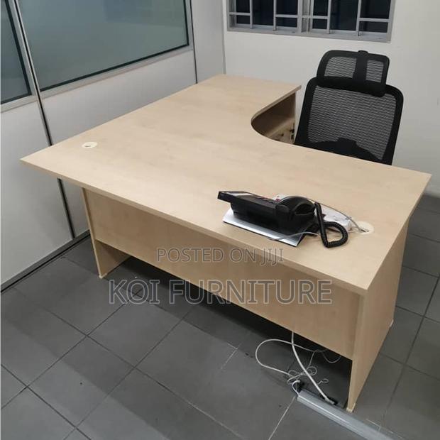 Office Desk : Light Wood Finish L-Shaped Office Desk Three Drawers -