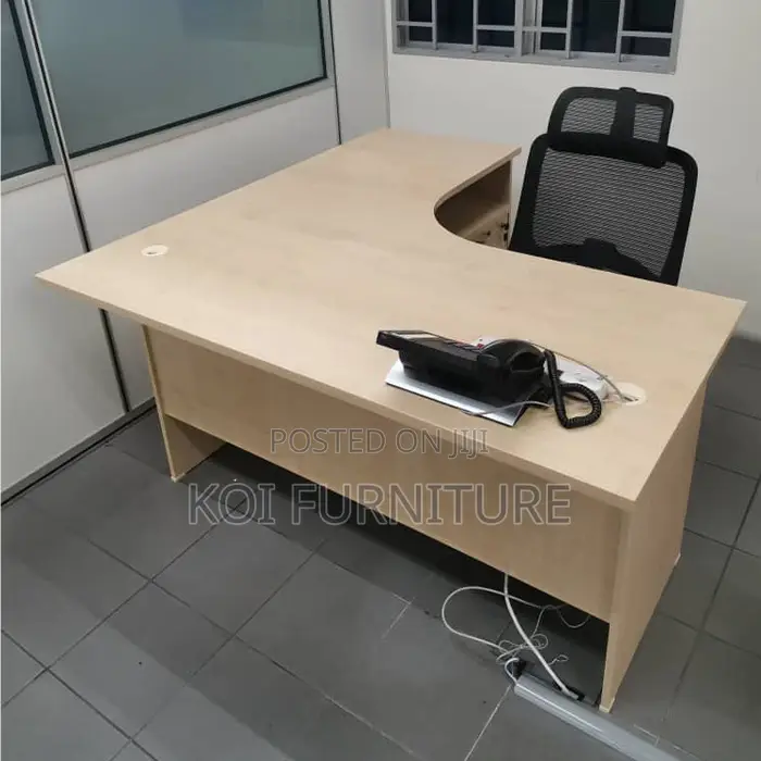 Office Desk : Light Wood Finish L-Shaped Office Desk Three Drawers -