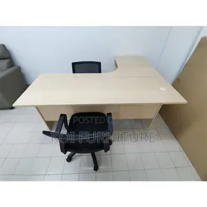 Office Desk : Light Wood Finish L-Shaped Office Desk Three Drawers -