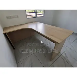 Office Desk : Light Wood Finish L-Shaped Office Desk Three Drawers -