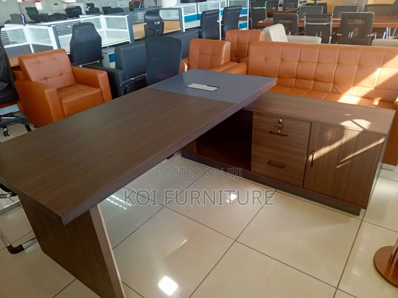 Office Desk : L12 1.8-M Executive Office Desk With a Dark Wood Finish