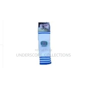 White Knee-High Football Socks With Blue Horizontal Stripes