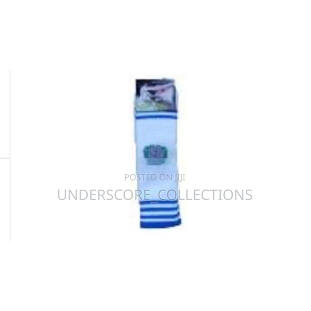 White Knee-High Football Socks With Blue Horizontal Stripes