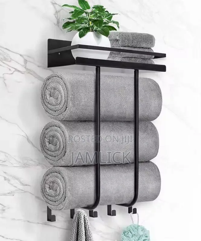 Multifunctional Bathroom Towel Holder With Metal Shelf 5 Hooks – Cr