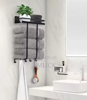 Multifunctional Bathroom Towel Holder With Metal Shelf 5 Hooks – Cr