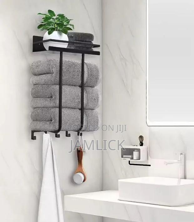 Multifunctional Bathroom Towel Holder With Metal Shelf 5 Hooks – Cr - thumbnail 5