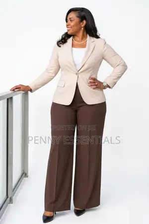 Women's Classic Cream Blazer And Chocolate Brown Wide-leg Trouser Set