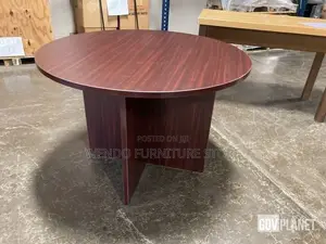 Office Table:1brown Laminate Round Meeting Table With a Pedestal Base,