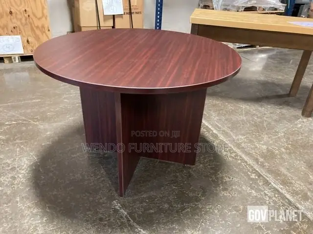 Office Table:1brown Laminate Round Meeting Table With a Pedestal Base,