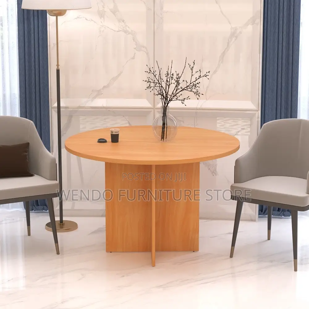 Office Table:1brown Laminate Round Meeting Table With a Pedestal Base,