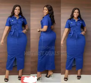 Fashionable Blue Denim Maxi Dress Designed With a Collared Neckline