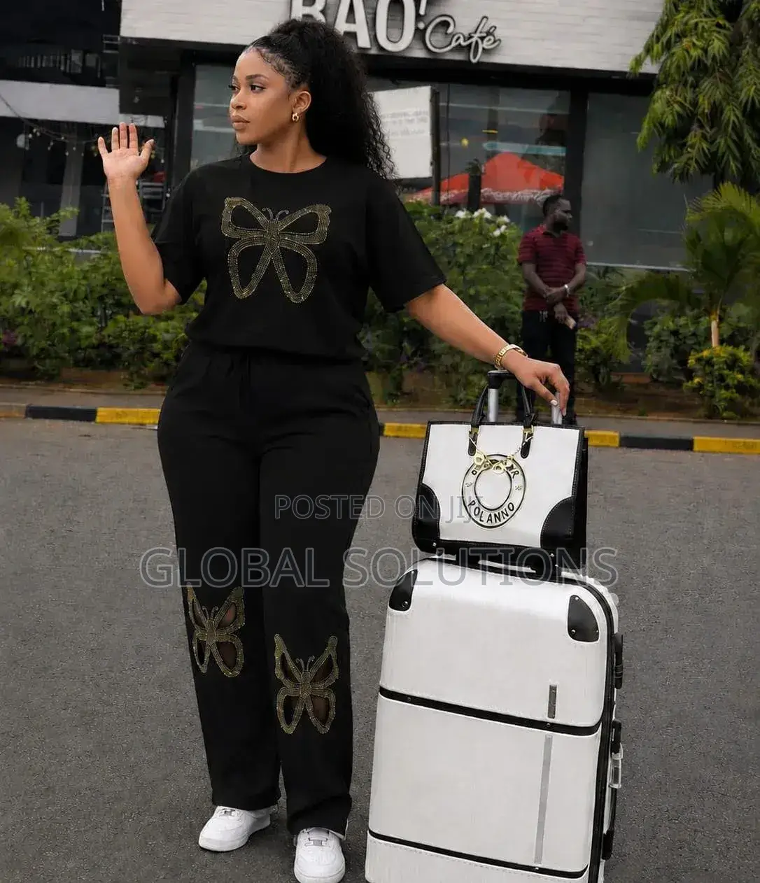 Two-Piece Sweat Suit With a Gold Butterfly Rhinestone Embellishments
