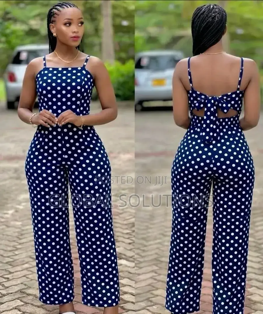 Blue and White Polka Dot Wide-Leg Jumpsuits