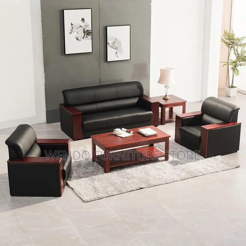 Office Sofa : Black 5-Seater Leather Executive Office Sofa Set
