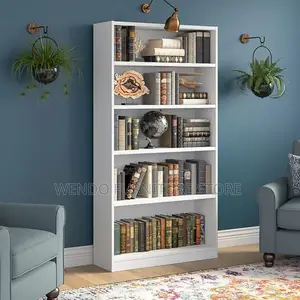 Bookshelf : White Five-Tier Wooden Bookshelf With Multiple Shelves,