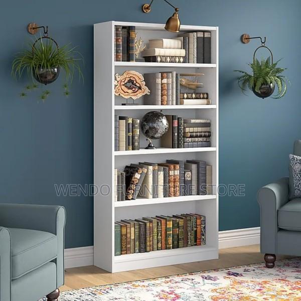 Bookshelf : White Five-Tier Wooden Bookshelf With Multiple Shelves,