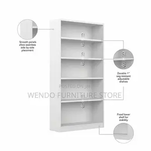 Bookshelf : White Five-Tier Wooden Bookshelf With Multiple Shelves,
