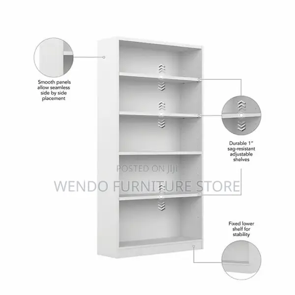Bookshelf : White Five-Tier Wooden Bookshelf With Multiple Shelves,