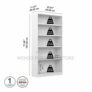 Bookshelf : White Five-Tier Wooden Bookshelf With Multiple Shelves,