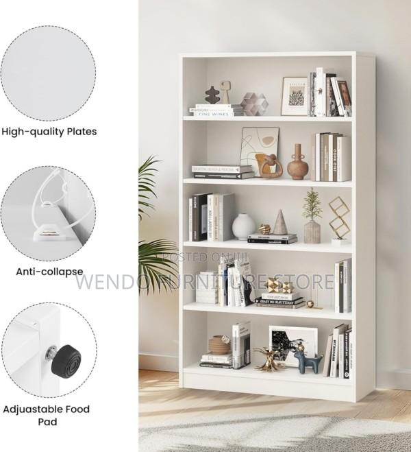 Bookshelf : White Five-Tier Wooden Bookshelf With Multiple Shelves, - thumbnail 6