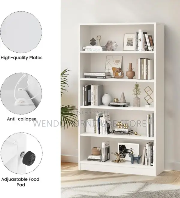 Bookshelf : White Five-Tier Wooden Bookshelf With Multiple Shelves,