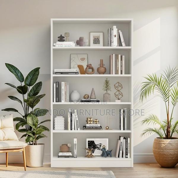 Bookshelf : White Five-Tier Wooden Bookshelf With Multiple Shelves, - thumbnail 7