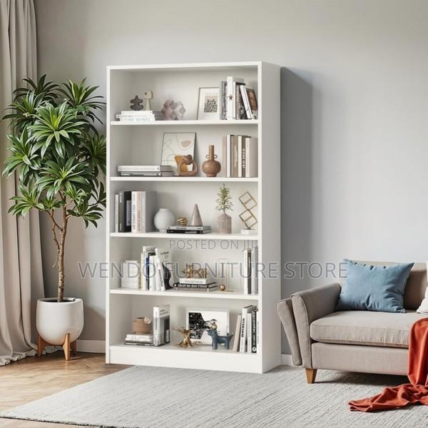 Bookshelf : White Five-Tier Wooden Bookshelf With Multiple Shelves, - thumbnail 8