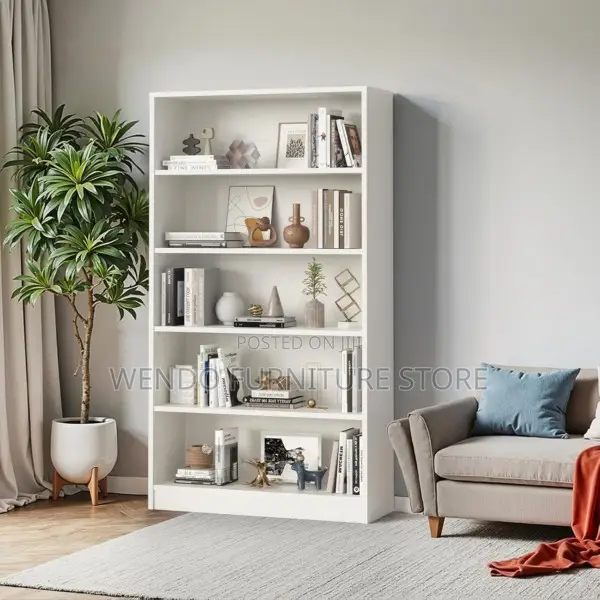 Bookshelf : White Five-Tier Wooden Bookshelf With Multiple Shelves,