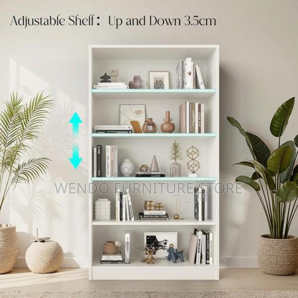 Bookshelf : White Five-Tier Wooden Bookshelf With Multiple Shelves, - thumbnail 9